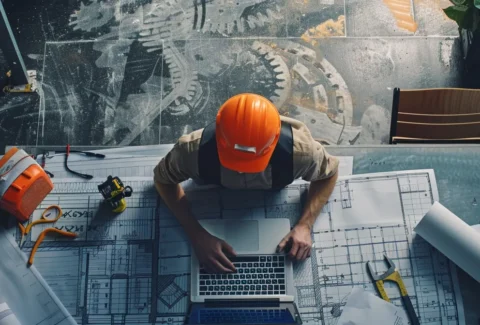 a construction worker analyzing digital marketing data on a laptop surrounded by blueprints and measuring tools.