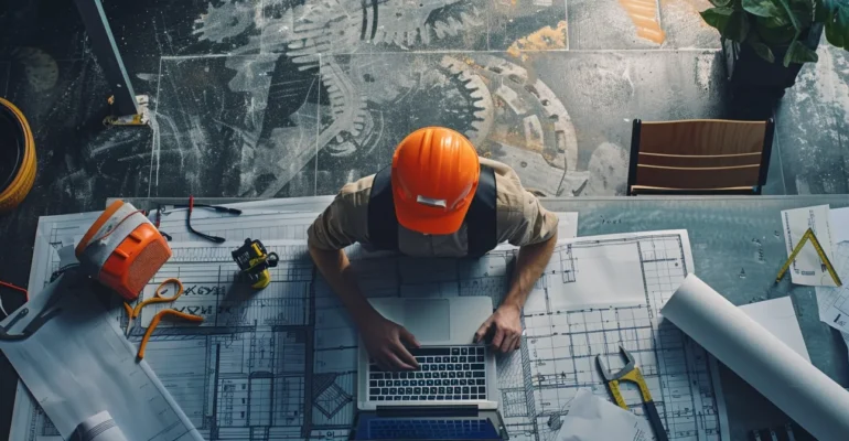 a construction worker analyzing digital marketing data on a laptop surrounded by blueprints and measuring tools.