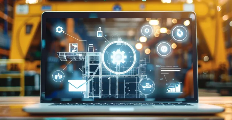 a construction firm website displayed on a laptop screen, ranking at the top of a search engine results page, surrounded by digital marketing icons and tools.