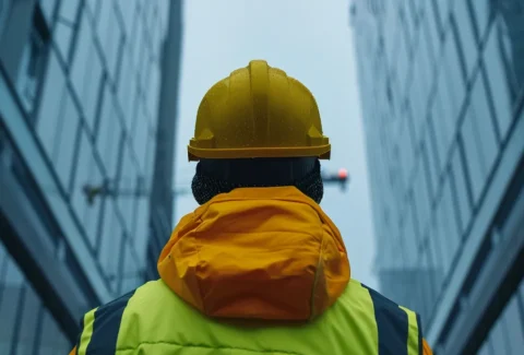 a construction worker in a bright yellow hard hat and reflective vest standing confidently in front of a sleek, modern building site.