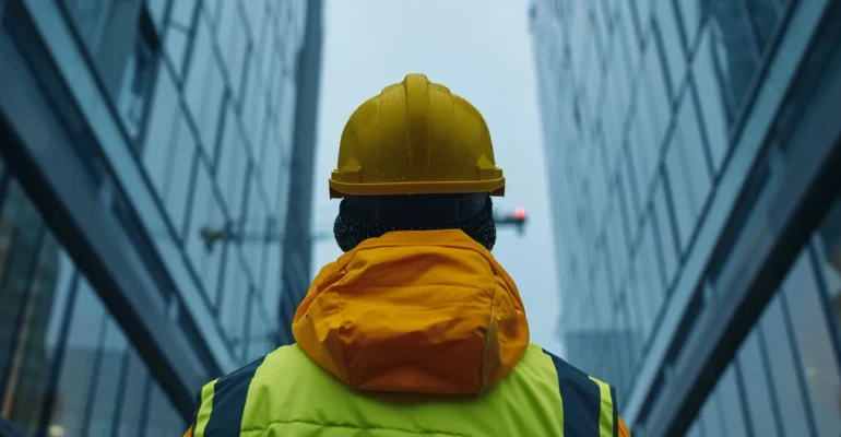 a construction worker in a bright yellow hard hat and reflective vest standing confidently in front of a sleek, modern building site.