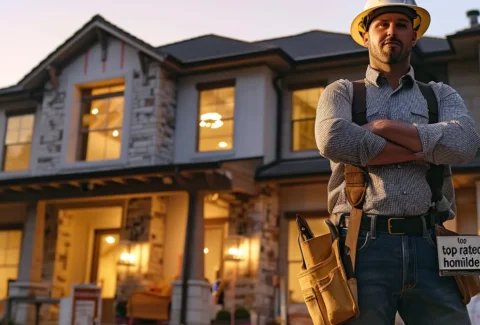 a contractor in a hard hat and tool belt proudly displaying a "top rated home builder" award plaque in front of a newly completed luxury home.