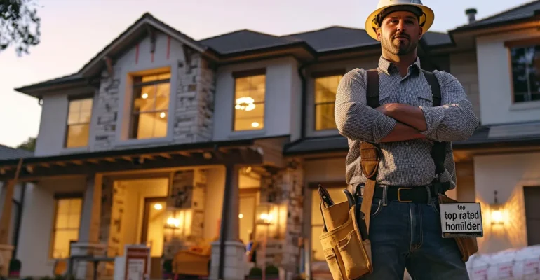 a contractor in a hard hat and tool belt proudly displaying a "top rated home builder" award plaque in front of a newly completed luxury home.
