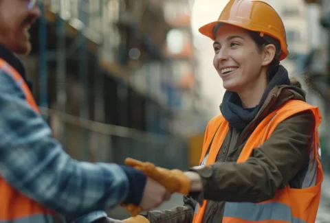 a construction worker shaking hands with a satisfied client in front of a completed building project.