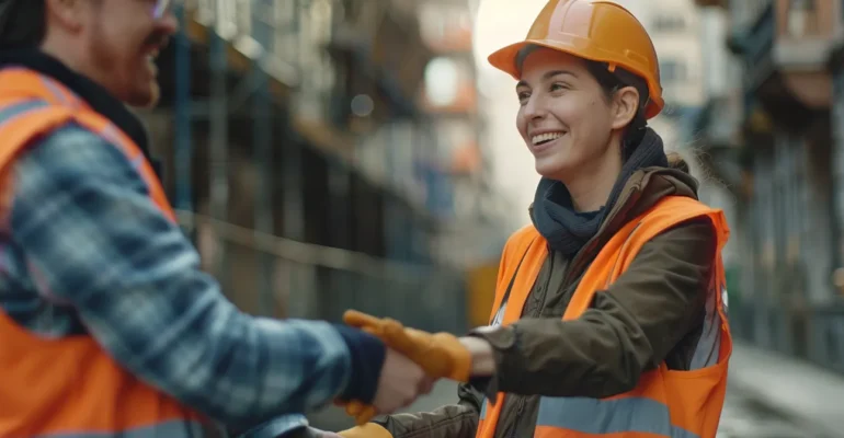 a construction worker shaking hands with a satisfied client in front of a completed building project.