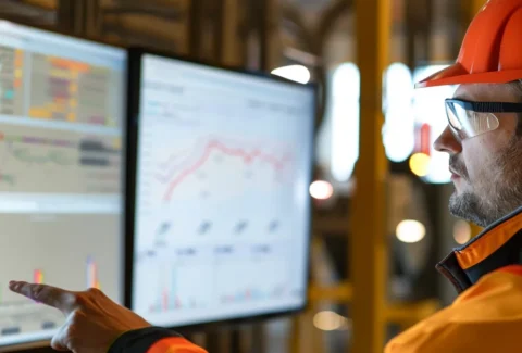 a construction manager examining a digital dashboard on a sleek, modern crm software interface.