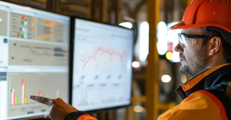 a construction manager examining a digital dashboard on a sleek, modern crm software interface.