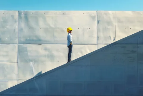 a construction worker in a bright yellow hard hat stands confidently on a sleek, modern building site, symbolizing the revitalization and strength of a construction brand through essential positioning techniques.