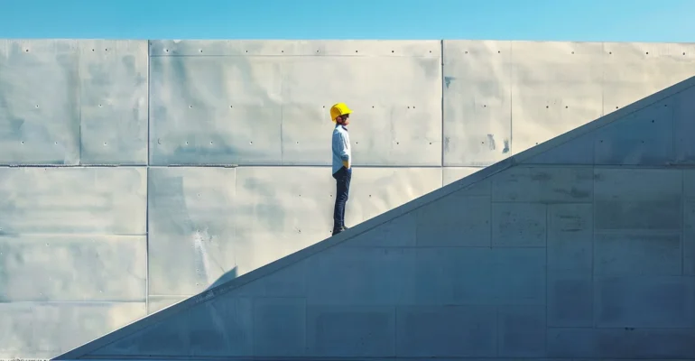 a construction worker in a bright yellow hard hat stands confidently on a sleek, modern building site, symbolizing the revitalization and strength of a construction brand through essential positioning techniques.