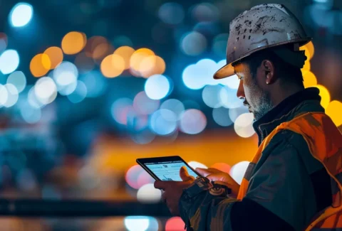 a construction worker in a hardhat using a tablet to update a company facebook page on a bustling construction site.