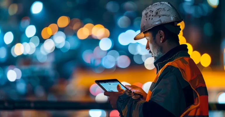 a construction worker in a hardhat using a tablet to update a company facebook page on a bustling construction site.