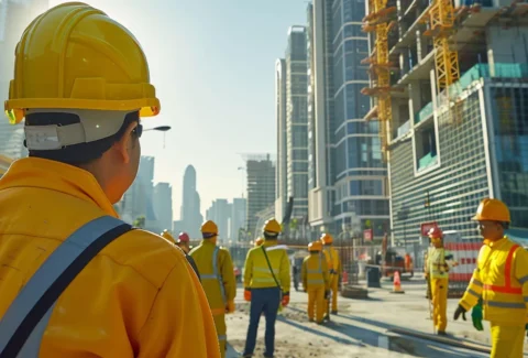 a group of construction workers in bright yellow hard hats and safety vests proudly displaying a large company logo on their uniforms as they work on a modern building site.