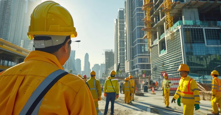 a group of construction workers in bright yellow hard hats and safety vests proudly displaying a large company logo on their uniforms as they work on a modern building site.