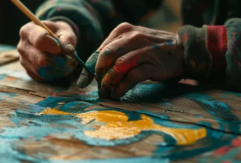 a craftsman hand painting a vibrant logo on a wooden sign.