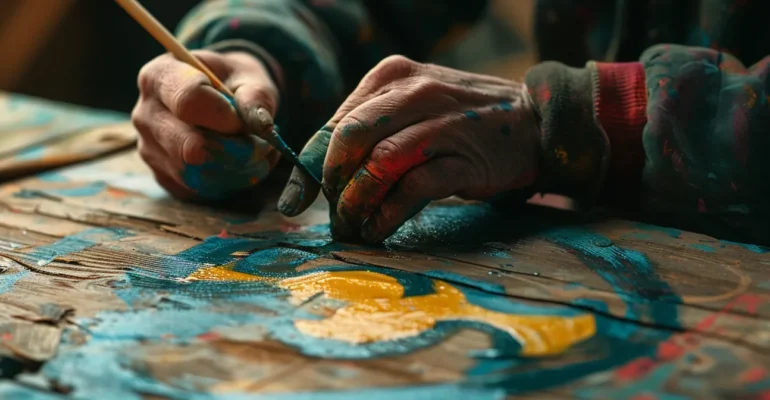 a craftsman hand painting a vibrant logo on a wooden sign.